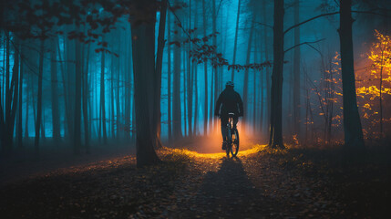 A cyclist riding through a foggy forest road at dawn.