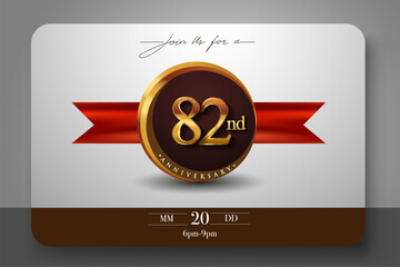 82nd Anniversary Logo With Golden Ring And Red Ribbon Isolated on Elegant Background, Birthday Invitation Design And Greeting Card.