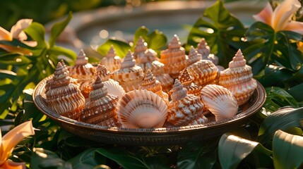 A beautiful arrangement of shells in a bowl in a tropical setting. 