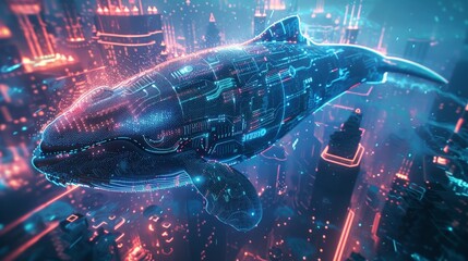 A digital whale swims through a sea of data.