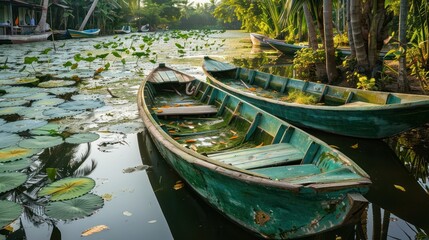 Traditional boats in a lotus pond in the Mekong delta