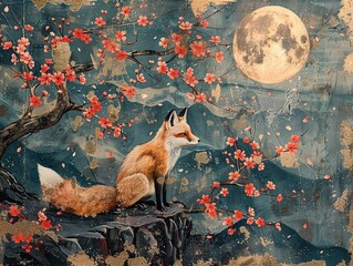 Vintage retro Japanese style painting of a charming fox nestled among cherry blossoms, traditional oriental backdrop, night with bright moon and stars