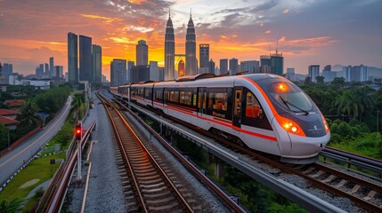 Obraz premium High-Speed Train at Dawn in Urban Setting. High-speed train travels through an urban landscape at dawn, with the city skyline bathed in the warm glow of the sunrise.