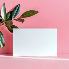 White card mockup with leaves on pink background