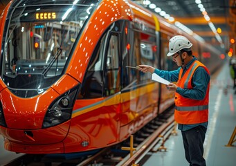 Naklejka premium Rail Engineer Conducting Train Inspection. Rail engineer in safety gear uses a clipboard to inspect a modern red metro train, ensuring all standards are met for operational safety.