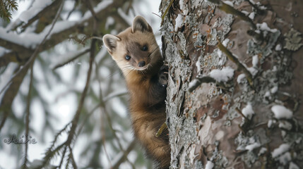 squirrel on a tree winter place snow falling 
