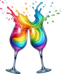 Watercolor Pride Month Clipart: LGBT Rights, Rainbow, and Diversity Themes. Colorful LGBT Wine Glasses: Gay, Lesbian, Bisexual, Transgender Symbols. Handcrafted Celebrating Pride, Equality, and Love