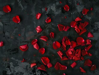 Red rose petals on a black background Generative AI.