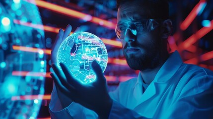 Bearded scientist wearing safety glasses holds a glowing blue and white orb in his hands while staring at it thoughtfully.