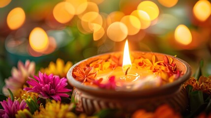 Obraz premium Beautiful candles on a background of colorful flowers and blurred oil lamps, diwali concept.