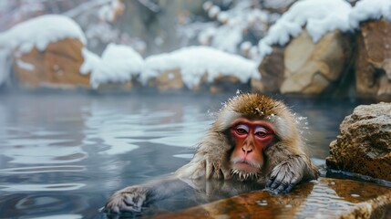 Travel Asia. Red-cheeked monkey. Monkey in a natural onsen hot spring , located in Snow Monkey.