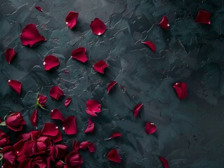 Red rose petals on a dark background Generative AI.