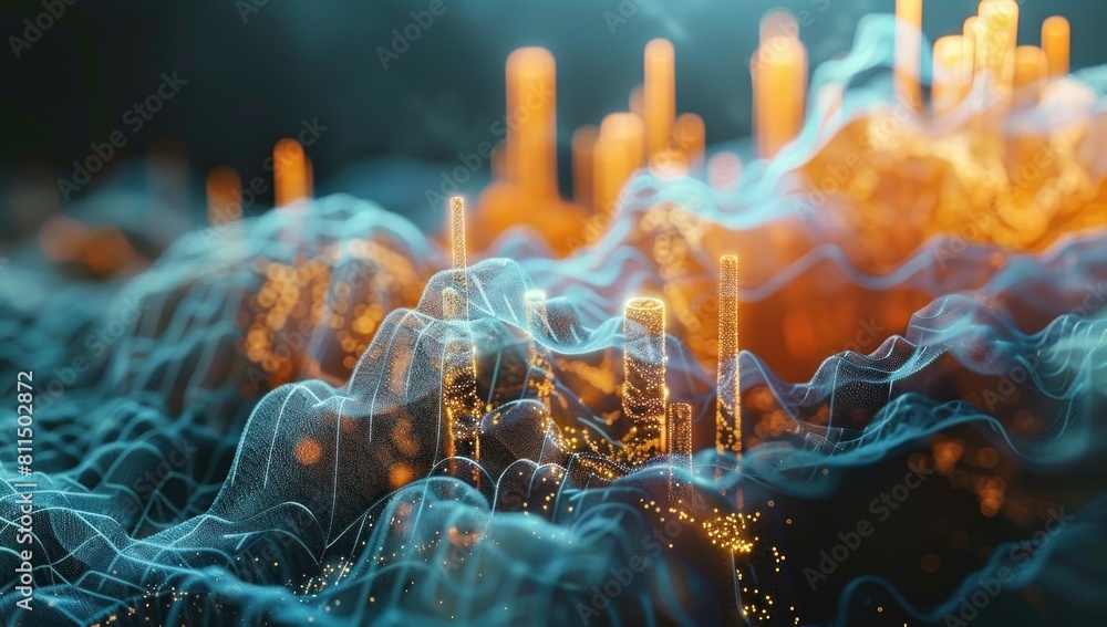Poster present a dynamic composition featuring a 3d bar graph intertwined with intricate larva texture, sym