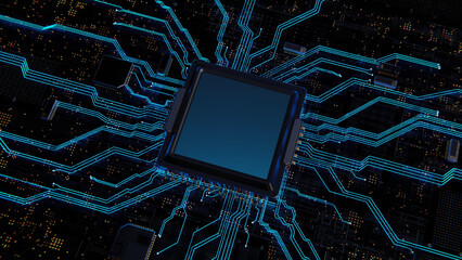 Computer chip processor on motherboard glows blue. Artificial intelligence Graphics chip, mining,...