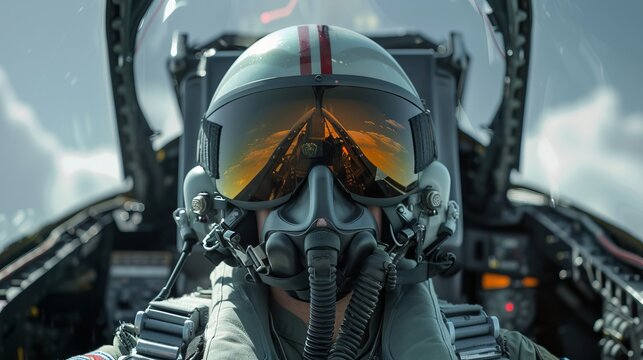 A fighter pilot in a cockpit with goggles Generative AI.