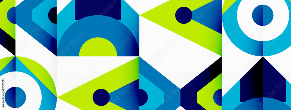 Aufkleber Colorfulness and art merge in a captivating blue and green geometric pattern with circles and triangles on a white background, creating a mesmerizing design