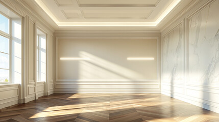 Stylish minimalist house with ecru walls and sapphire marble under natural light.