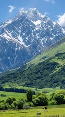 A mountain range with a green field and cows Generative AI.