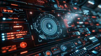 Fototapeta premium abstract cyber circuit future technology with lens camera in business high tech concept isolated in dark background, board future scifi technology with glowing line isolated in dark background