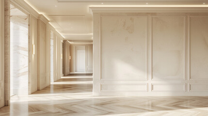 Modern luxury house with cream walls, marble trim, and oak floors in daylight.