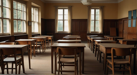 Empty vintage university classroom. Blurred school classroom without students with empty chairs and tables