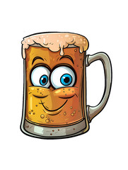 Cute cartoon mug of beer with smiling face on transparent background