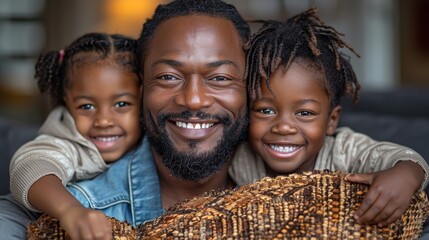 An African-American father is playing with his children on the sofa, throwing pillows, interacting, happy atmosphere, bright smile, Father's Day, companionship, family, love,"Joyful Father-Child Playt - Powered by Adobe