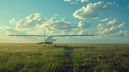 Obraz premium Glider aircraft standing on grassy field at airfield