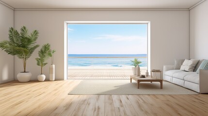 A bright and airy living room with a large glass door looking out onto the ocean. There is a white sofa, a coffee table, and a rug in the living room. There are also two plants in the living room.