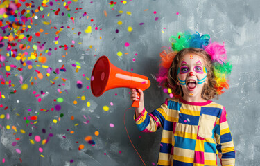 a child wearing clown makeup and holding up an old-fashioned megaphone, surrounded by confetti on a gray background. Web banner with copy space on the right-hand side