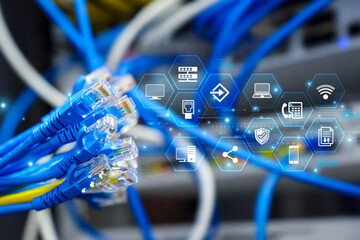 Lots of RJ45 UTP Cat6 LAN internet network cable fiber optic and Ethernet cables with computer data...