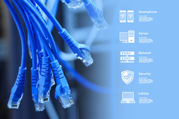 Lots of RJ45 UTP Cat6 LAN internet network cable fiber optic and Ethernet cables with computer data...