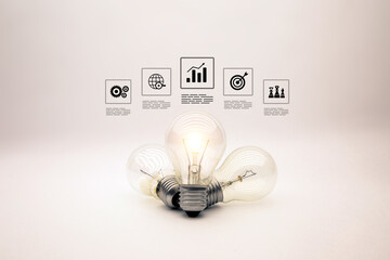 Light bulb with bright light and business plan icons for creative idea innovation of technology in...