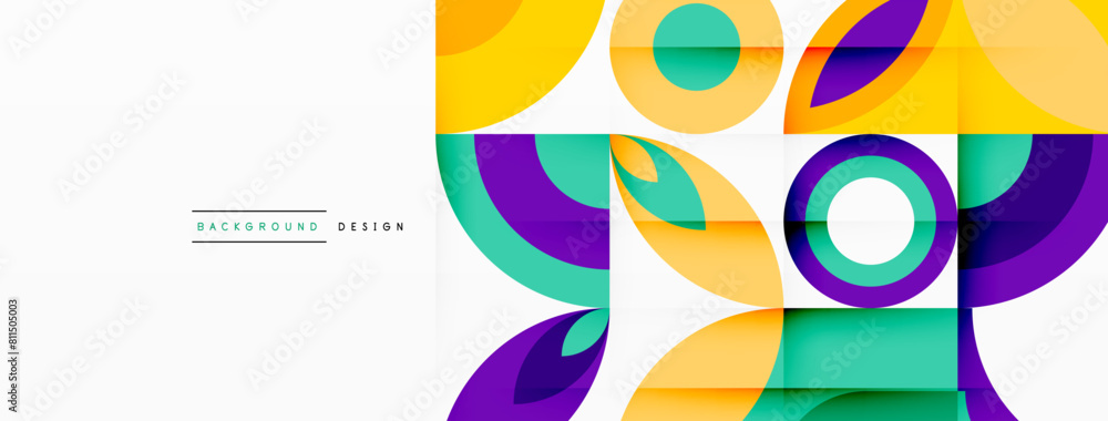 Poster A visually stunning art piece showcasing a colorful geometric pattern with circles and squares in electric blue and magenta hues on a white background