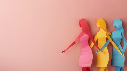 three women made of colored paper holding hands on a soft pink background. friendship concept.