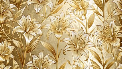 Luxury Gold Floral Line Art Wallpaper Featuring Exotic Lily Flowers, Perfect for Textiles, Wall Art, and Wedding Invitations.