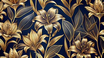 Luxury Gold Floral Line Art Wallpaper, Exotic Botanical Background with Vintage Boho Style for Multifaceted Design Applications.