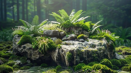 Mossy rock podium with unfurling ferns in an ancient woodland, ideal for items that resonate with timeless, natural themes