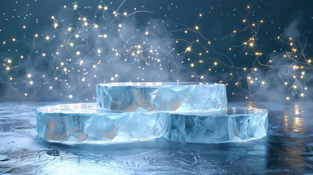 Sculpted ice podium at a winter festival with fairy lights, creating a magical and festive environment for holiday themed products