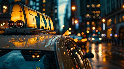A taxi cab on a city street at night.
