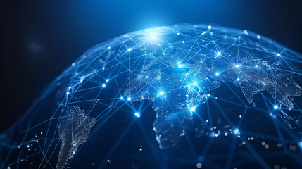 Fototapeta premium Blue abstract technological vector background. Geographic map. Planet Earth. The contours of the continents in the form of isometric strips. Global communication system and the Internet. Modern tech.