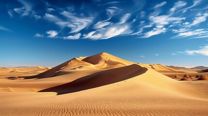 Fototapeta na wymiar A majestic desert landscape with towering sand dunes and a clear blue sky, offering a dramatic nature wallpaper.