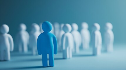 A blue figurine standing out from a crowd of white figurines. Best Job Candidate HR human resources technology.Online and modern technologies for simplifying the human resources