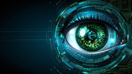 abstract cyber future technology with eyes electric concept in business high tech concept isolated in dark background, board future scifi technology with glowing line isolated in dark background
