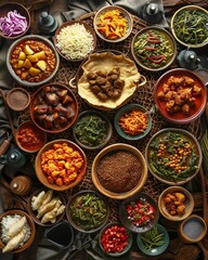 image of a Moroccan tagine, with slow-cooked lamb, apricots, almonds, and olives, served in a traditional clay pot, decorated with Moroccan tiles and intricate patterns in the background