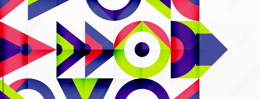 Aufkleber A vibrant artistic textile design featuring colorful geometric patterns with arrows and circles in purple, magenta, and other bold hues on a white background, showcasing symmetry and creativity