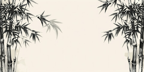 Detailed handdrawn black and white illustration of bamboo trees on a blank white background with copy space for text