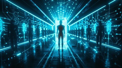 A glowing blue figure stands in a futuristic blue circuit board tunnel with many other blue figures standing on either side. Best Job Candidate HR human resources technology.Online and modern technolo
