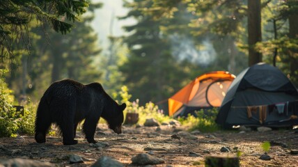 Black bear near tents in forest campsite at dawn