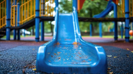 Close-up of blue playground slide with colorful flecks, focus on foreground